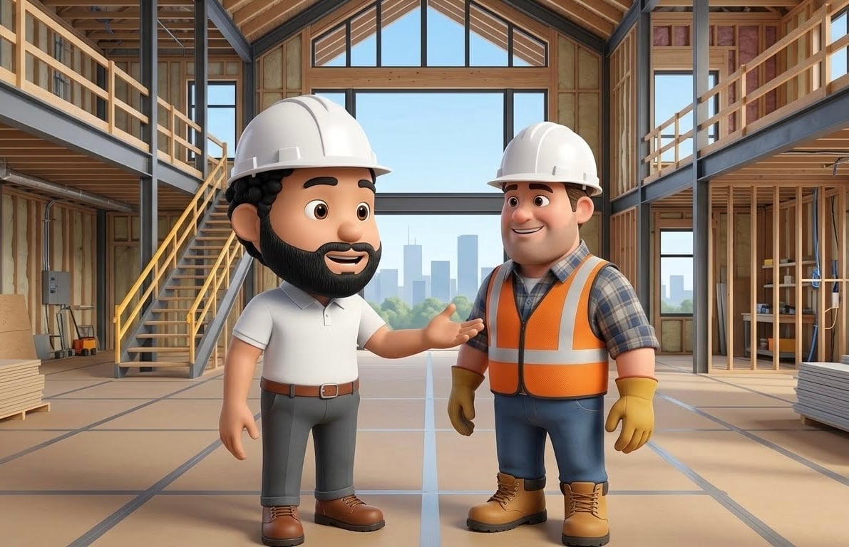Two animated construction workers wearing hard hats shaking hands inside an unfinished building with wooden beams and city skyline visible through windows