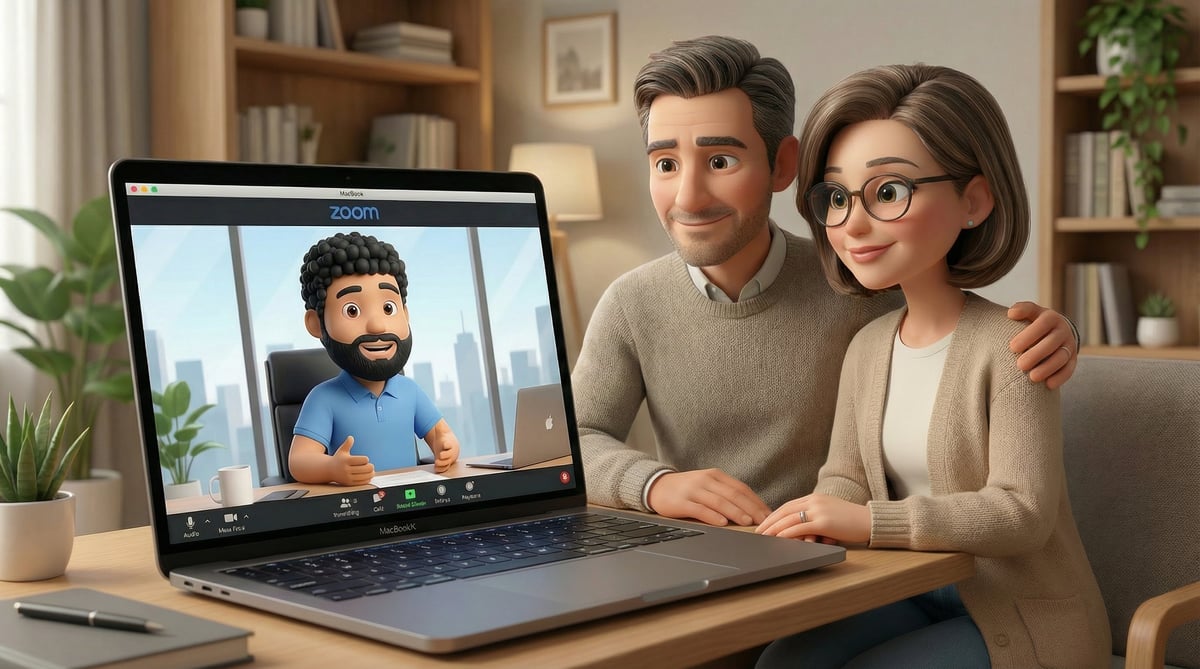 Couple having a video call with a bearded man on laptop screen